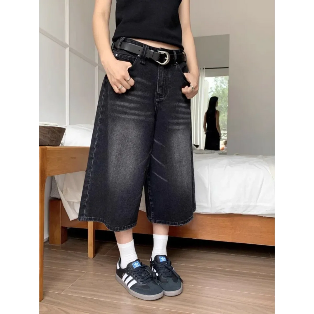 Vintage Washed Wide Leg Denim Culottes - Bottoms - Women’s Pants - 1