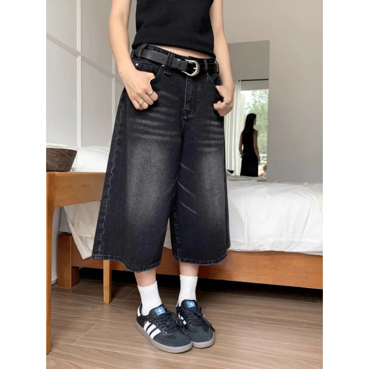 Vintage Washed Wide Leg Denim Culottes - Bottoms - Women’s Pants - 1