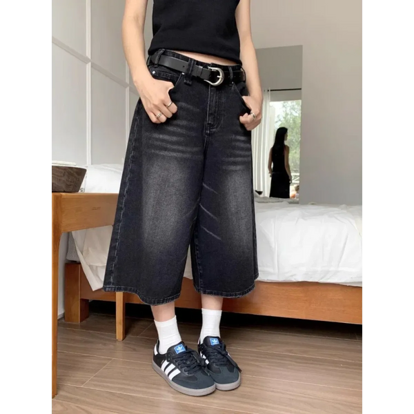 Vintage Washed Wide Leg Denim Culottes - Bottoms - Women’s Pants - 1