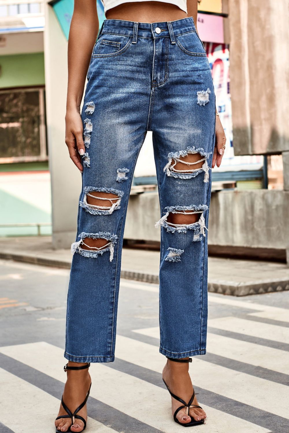 Distressed Buttoned Jeans with Pockets - Medium / S - Bottoms - Pants - 1 - 2024