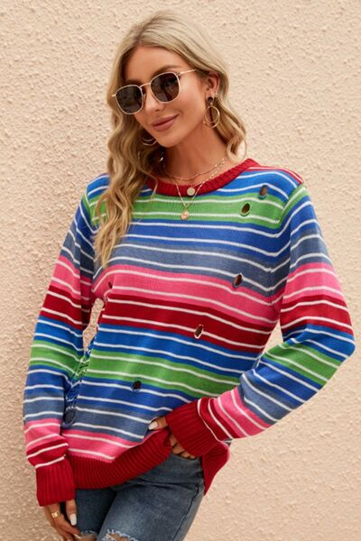 Striped Distressed Cutout Round Neck Sweater - Stripe / S - Sweaters - Shirts & Tops - 1 - 2024