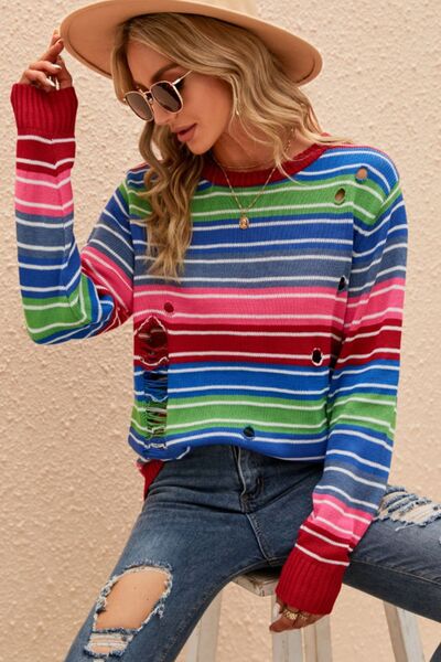 Striped Distressed Cutout Round Neck Sweater - Sweaters - Shirts & Tops - 3 - 2024