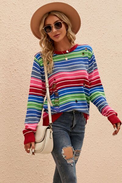 Striped Distressed Cutout Round Neck Sweater - Sweaters - Shirts & Tops - 4 - 2024