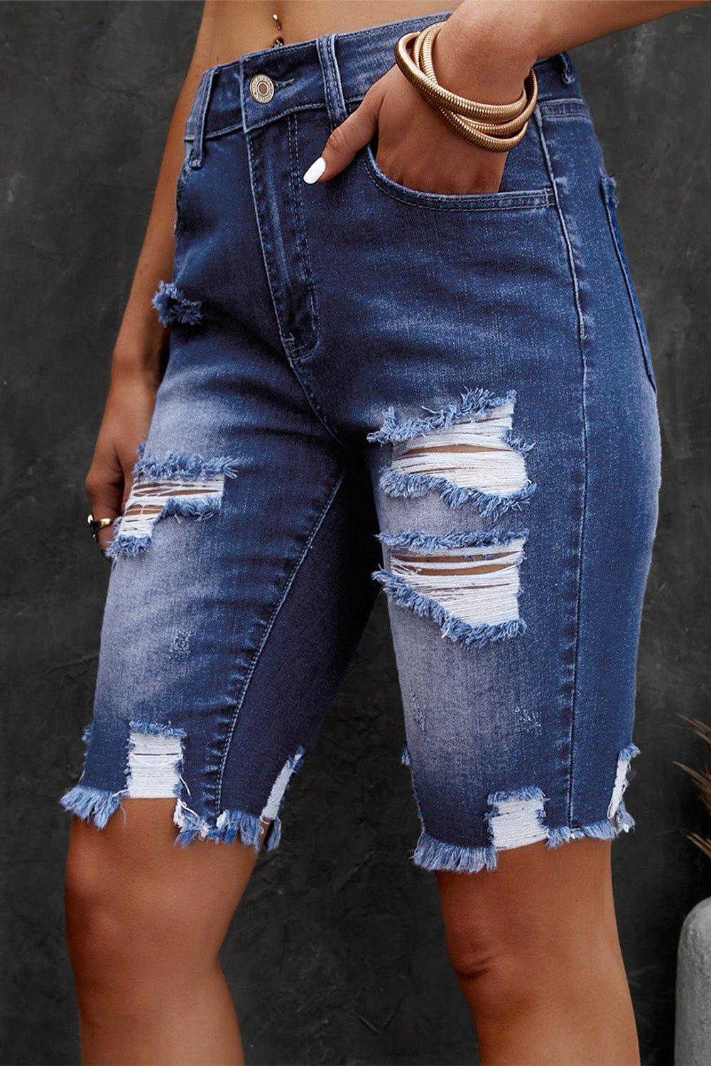 Distressed Frayed Hem Denim Bermuda Shorts - Women’s Clothing & Accessories - Shorts - 7 - 2024