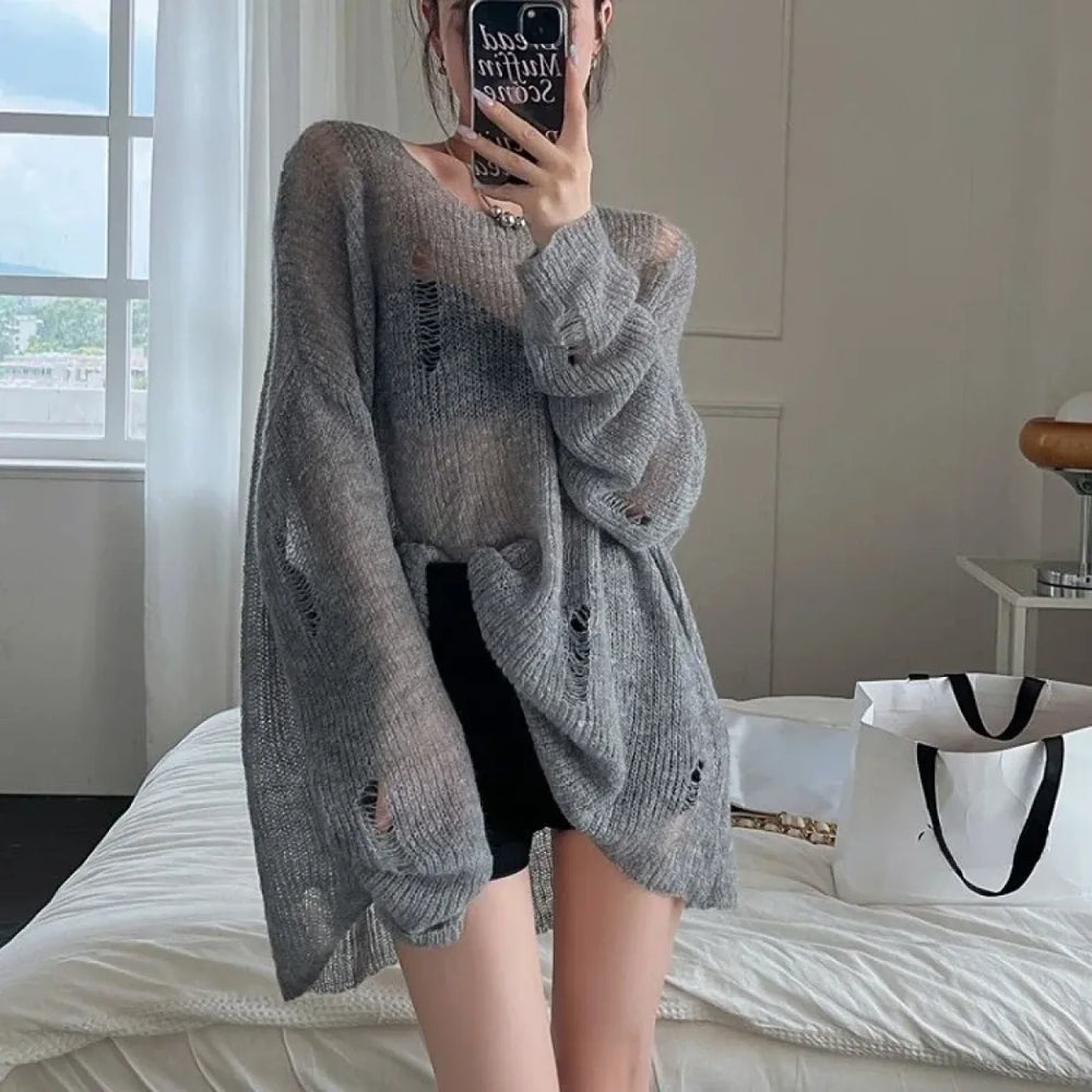 Slash Neck Distressed Knit Pullover Sweater - Sweaters - Sweater / Pullover - 1