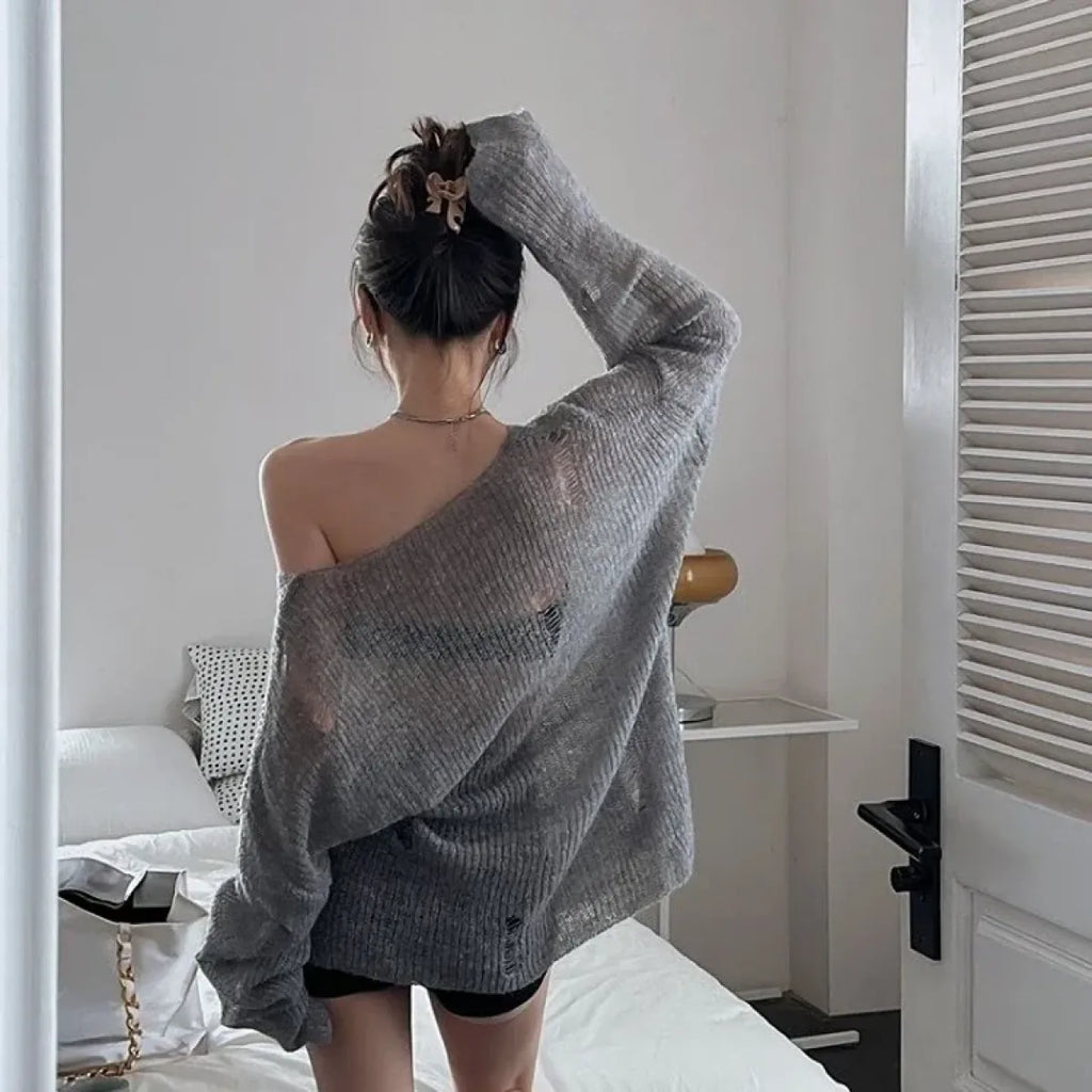 Slash Neck Distressed Knit Pullover Sweater - Sweaters - Sweater / Pullover - 4