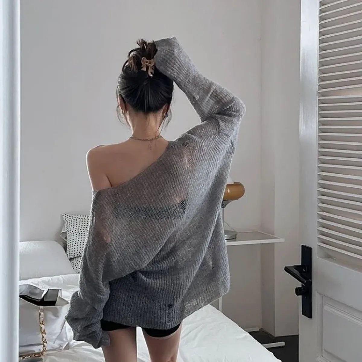 Slash Neck Distressed Knit Pullover Sweater - Sweaters - Sweater / Pullover - 4