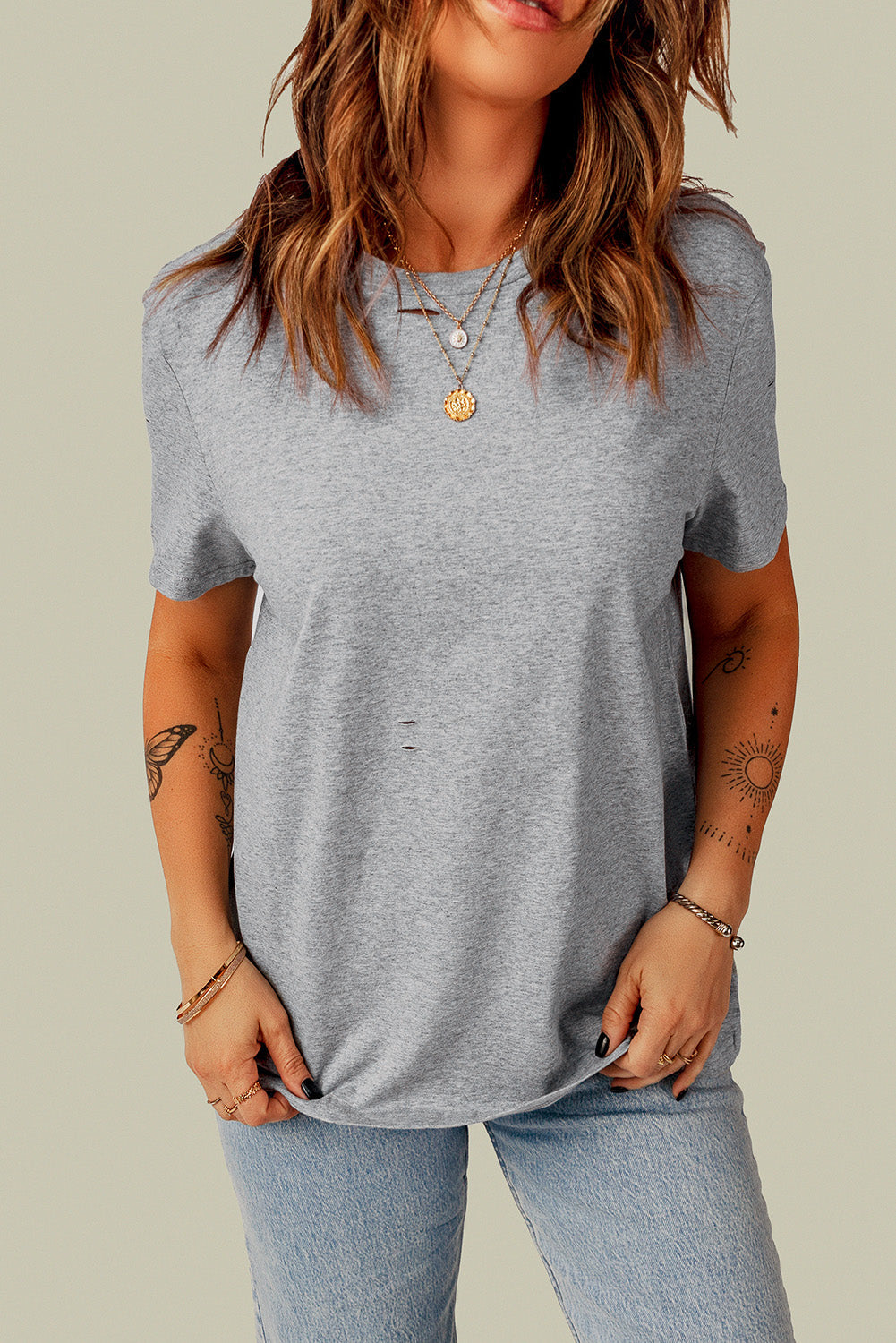 Distressed Round Neck Tee - Gray / S - T-Shirts - Shirts & Tops - 1 - 2024