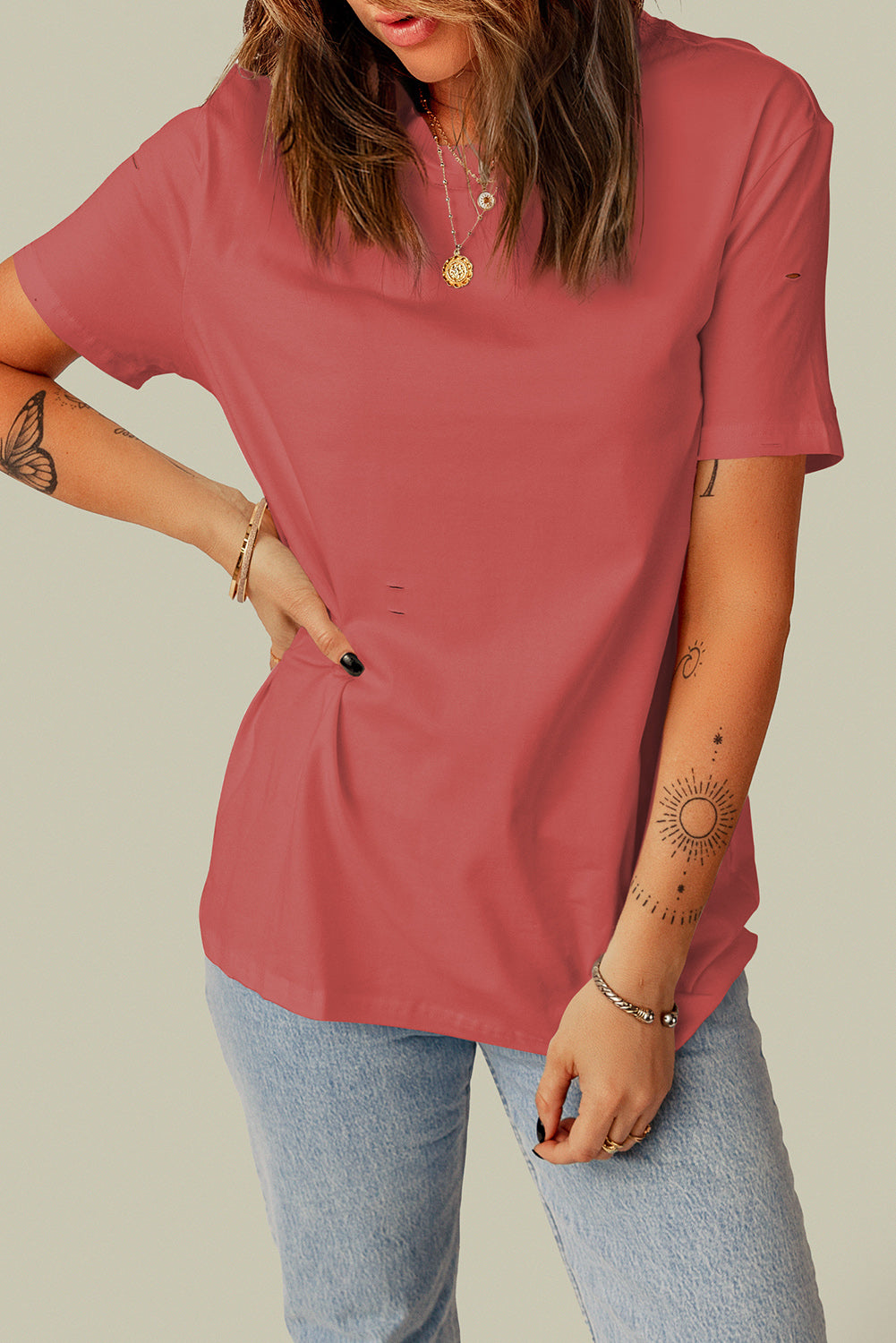 Distressed Round Neck Tee - T-Shirts - Shirts & Tops - 11 - 2024