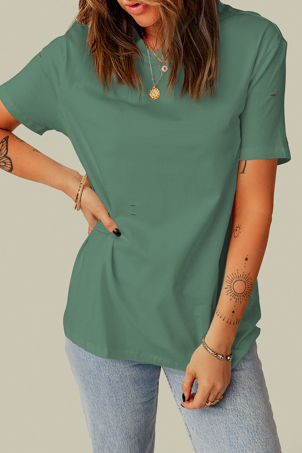 Distressed Round Neck Tee - T-Shirts - Shirts & Tops - 17 - 2024