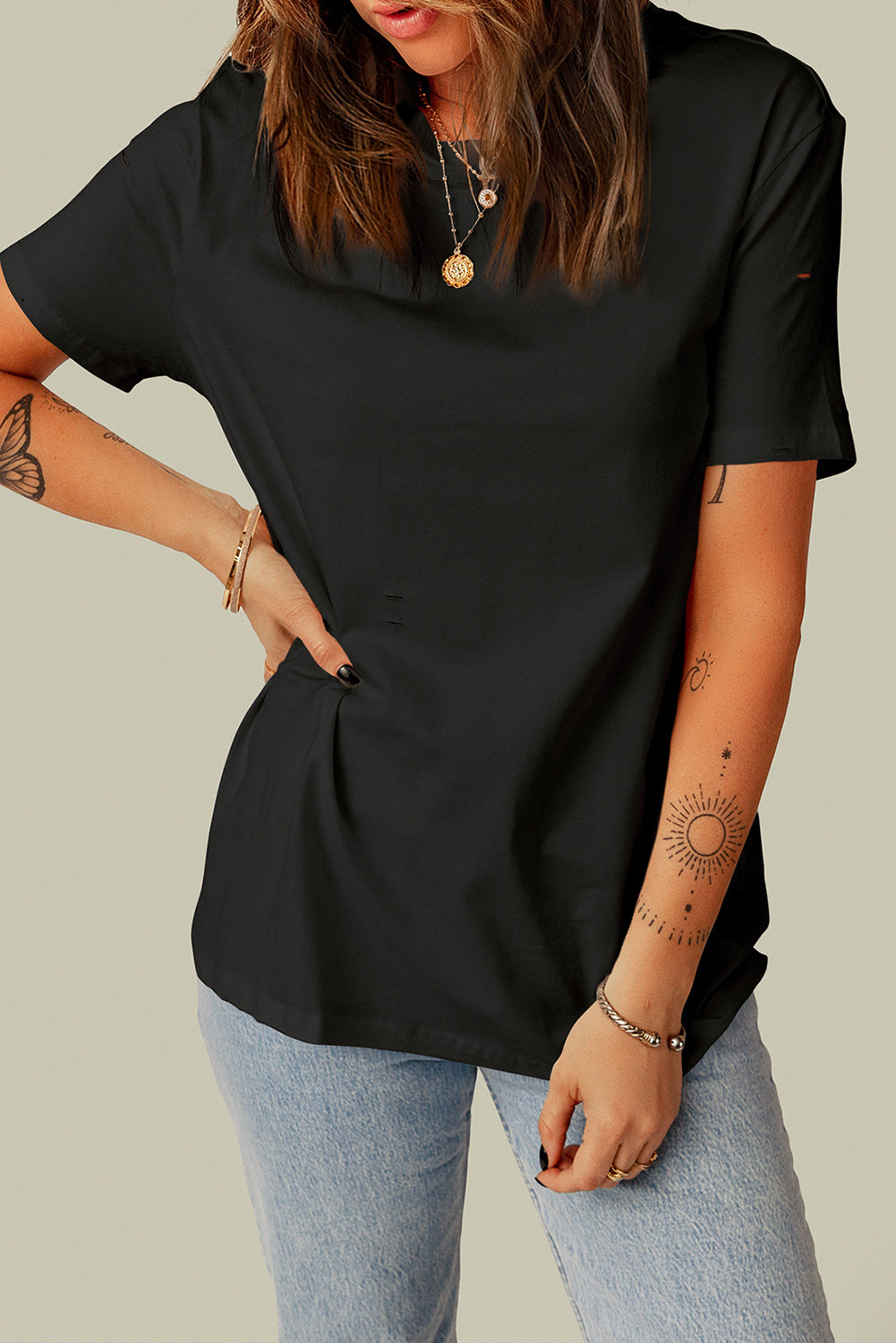 Distressed Round Neck Tee - T-Shirts - Shirts & Tops - 8 - 2024