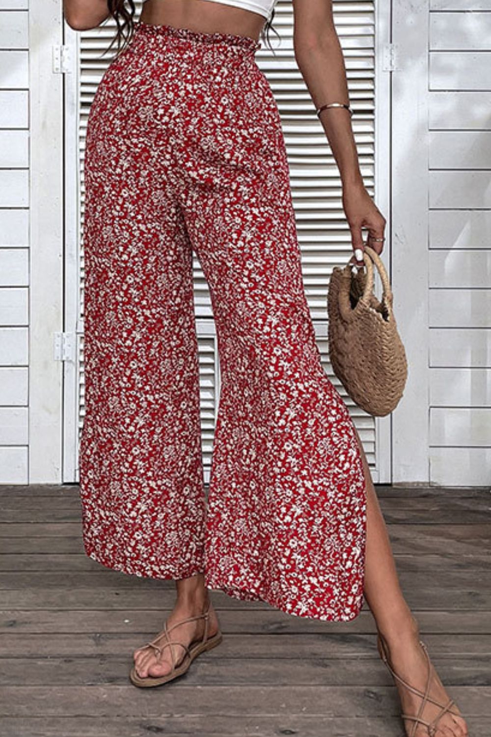 Ditsy Floral Slit Paperbag Waist Wide Leg Pants - Red / S - Bottoms - Pants - 1 - 2024