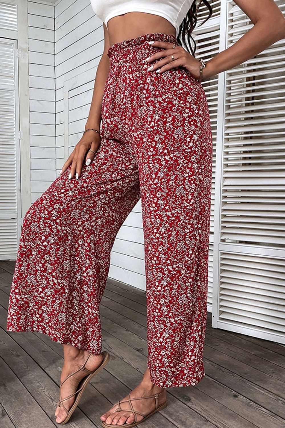 Ditsy Floral Slit Paperbag Waist Wide Leg Pants - Bottoms - Pants - 2 - 2024