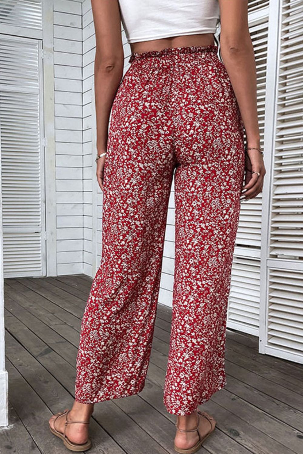 Ditsy Floral Slit Paperbag Waist Wide Leg Pants - Bottoms - Pants - 4 - 2024