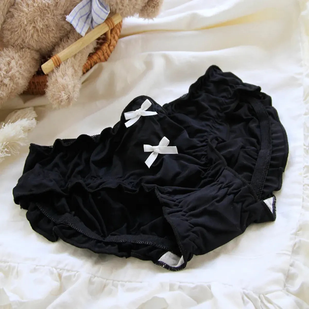 Double Bow Ruffle Panties – Mid-Waist Ice Silk Cotton Briefs - Best Sellers - Lingerie - 5