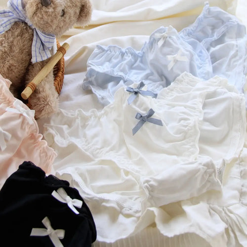 Double Bow Ruffle Panties – Mid-Waist Ice Silk Cotton Briefs - Women’s Clothing & Accessories - Lingerie - 1