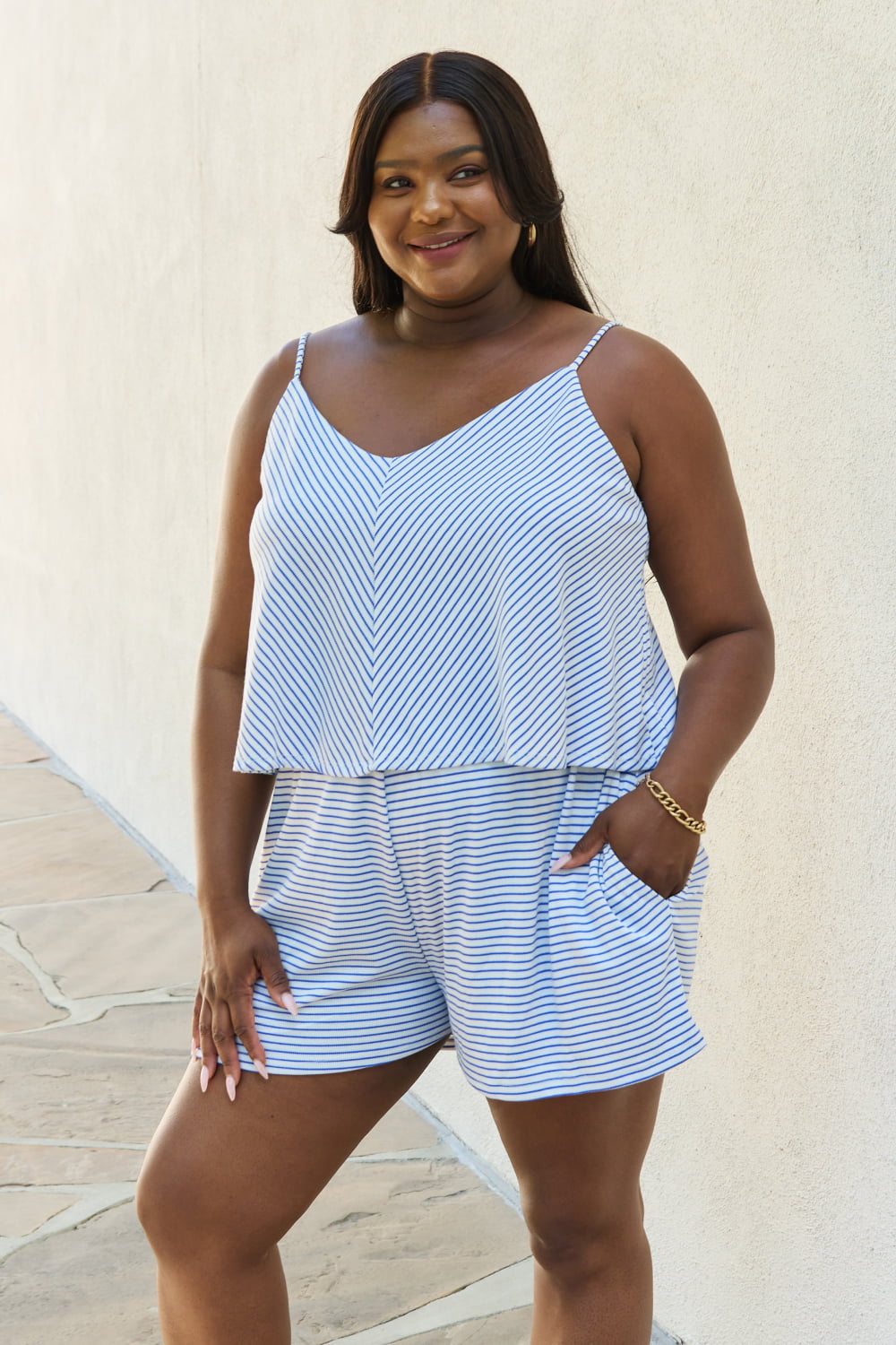 Let It Happen Full Size Double Flare Striped Romper in Cobalt Blue - All Products - Jumpsuits & Rompers - 3 - 2024