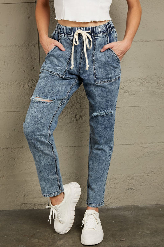 Drawstring Denim Joggers - Blue / S - Bottoms - Pants - 1 - 2024