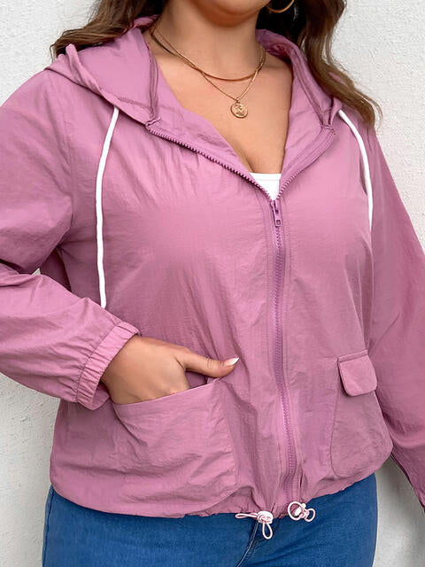 Plus Size Zip-Up Drawstring Hooded Jacket with Pockets - Women’s Clothing & Accessories - Coats & Jackets - 5 - 2024