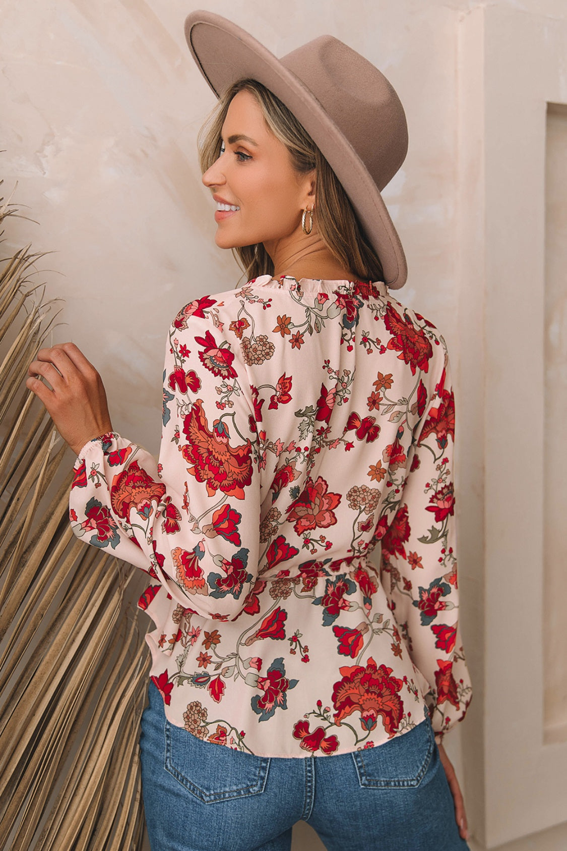 Floral V-Neck Drawstring Peplum Blouse - Women’s Clothing & Accessories - Shirts & Tops - 3 - 2024