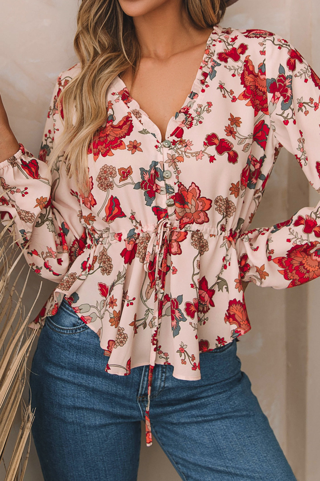 Floral V-Neck Drawstring Peplum Blouse - Women’s Clothing & Accessories - Shirts & Tops - 4 - 2024