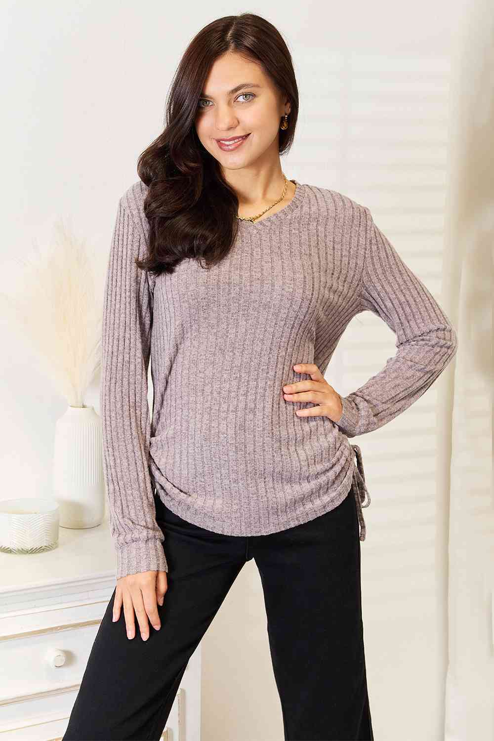 Drawstring Ribbed Long Sleeve T-Shirt - Purple / S - T-Shirts - Shirts & Tops - 1 - 2024