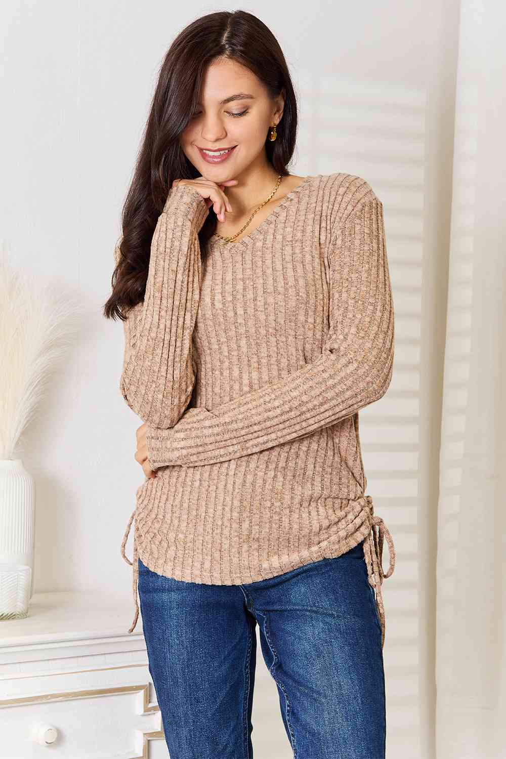 Drawstring Ribbed Long Sleeve T-Shirt - Beige / S - T-Shirts - Shirts & Tops - 10 - 2024