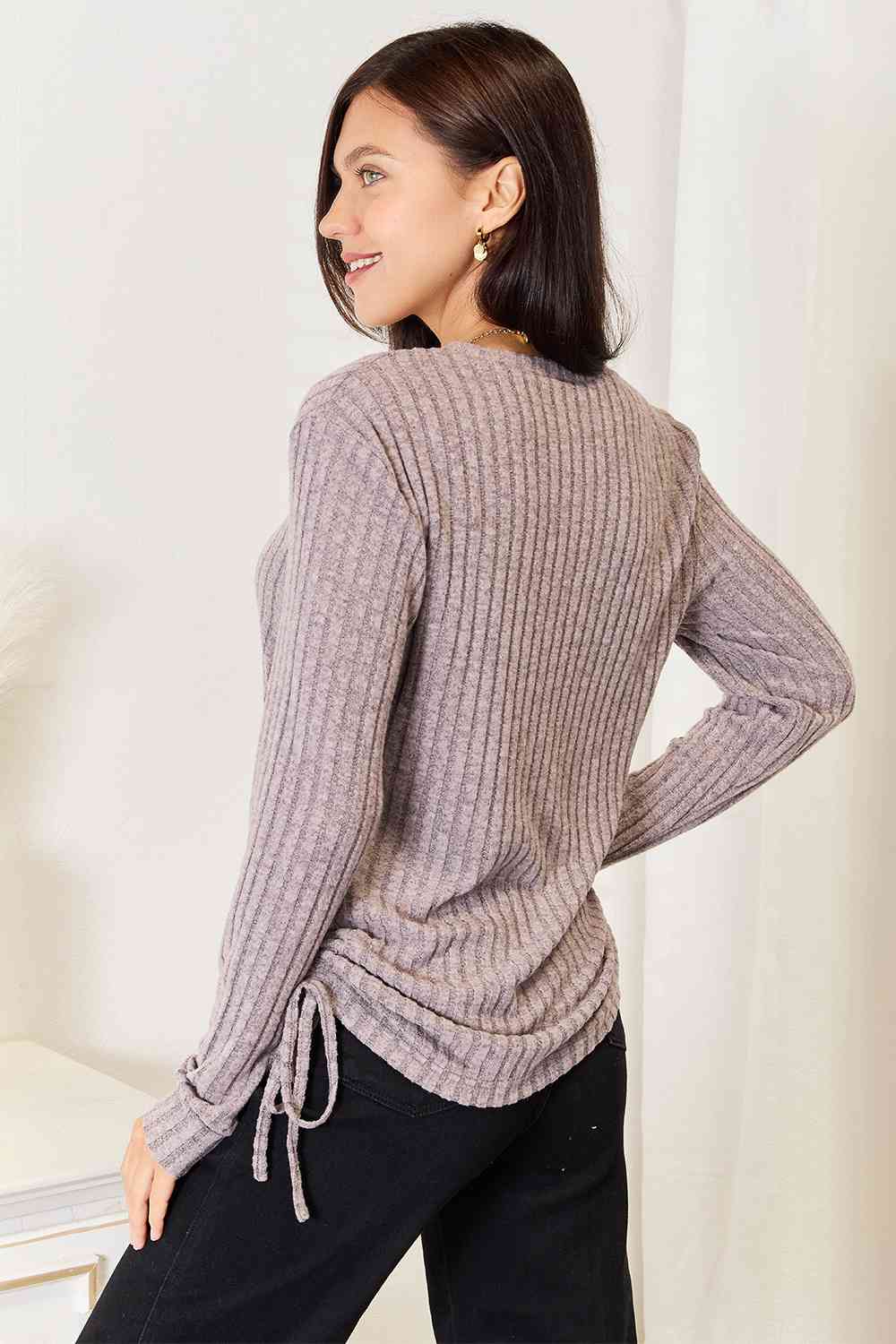 Drawstring Ribbed Long Sleeve T-Shirt - T-Shirts - Shirts & Tops - 2 - 2024