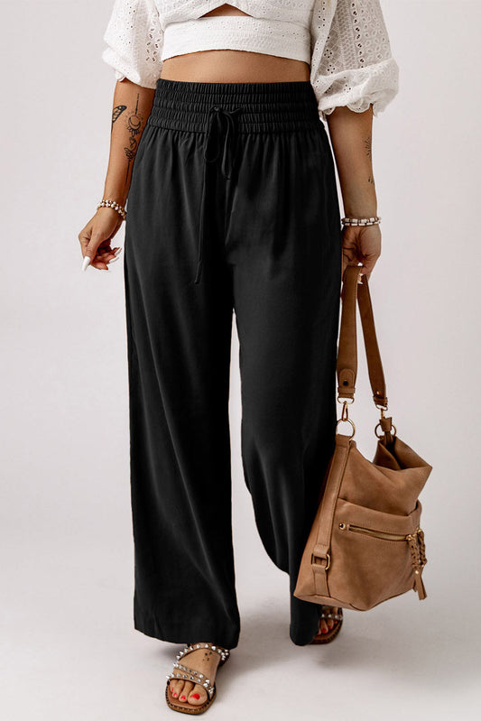 Drawstring Smocked Waist Wide Leg Pants - Bottoms - Pants - 1 - 2024