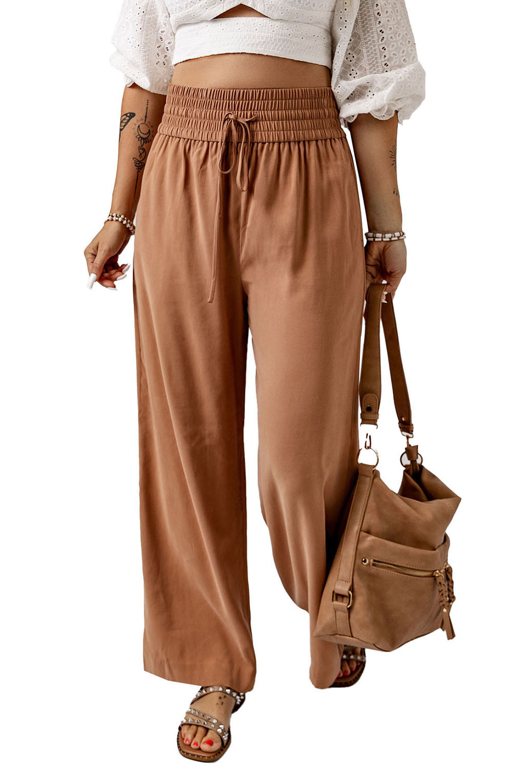 Drawstring Smocked Waist Wide Leg Pants - Bottoms - Pants - 10 - 2024