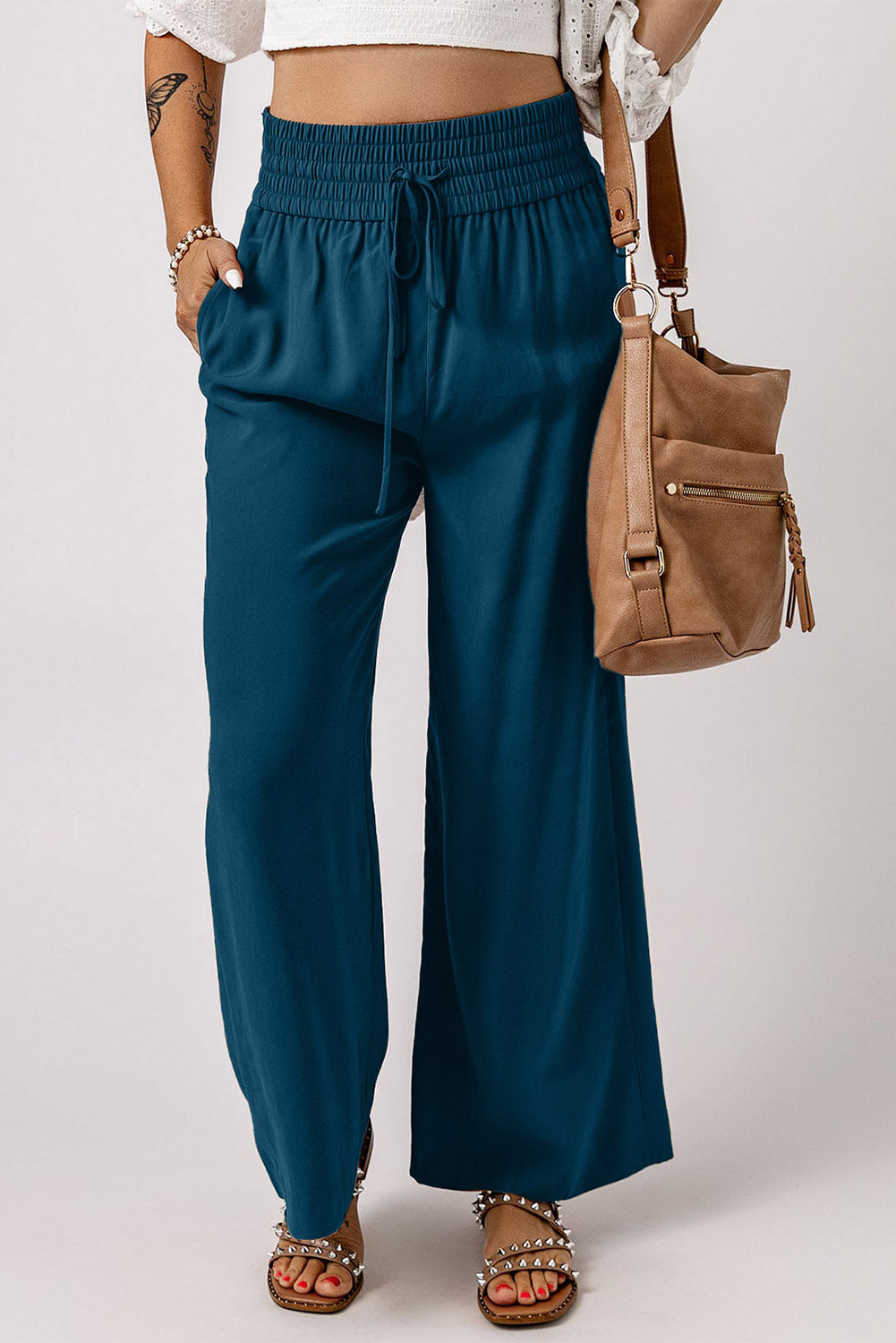 Drawstring Smocked Waist Wide Leg Pants - Teal / S - Bottoms - Pants - 11 - 2024