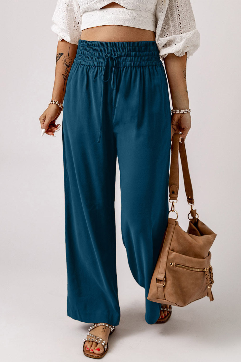 Drawstring Smocked Waist Wide Leg Pants - Bottoms - Pants - 12 - 2024