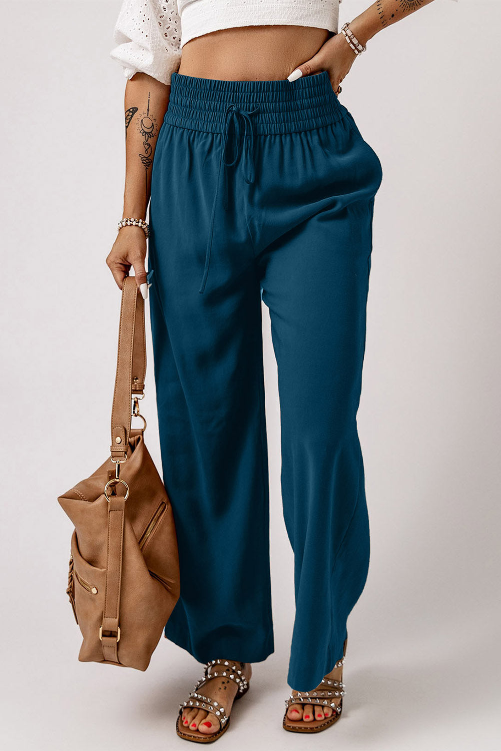 Drawstring Smocked Waist Wide Leg Pants - Bottoms - Pants - 13 - 2024