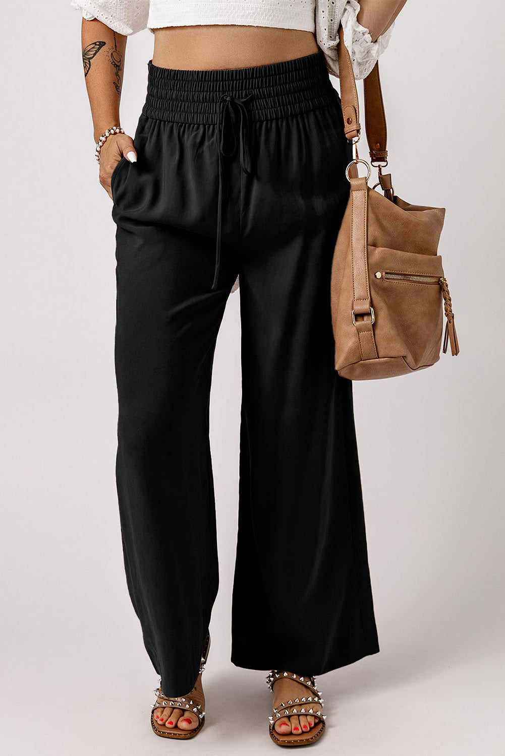 Drawstring Smocked Waist Wide Leg Pants - Black / S - Bottoms - Pants - 3 - 2024