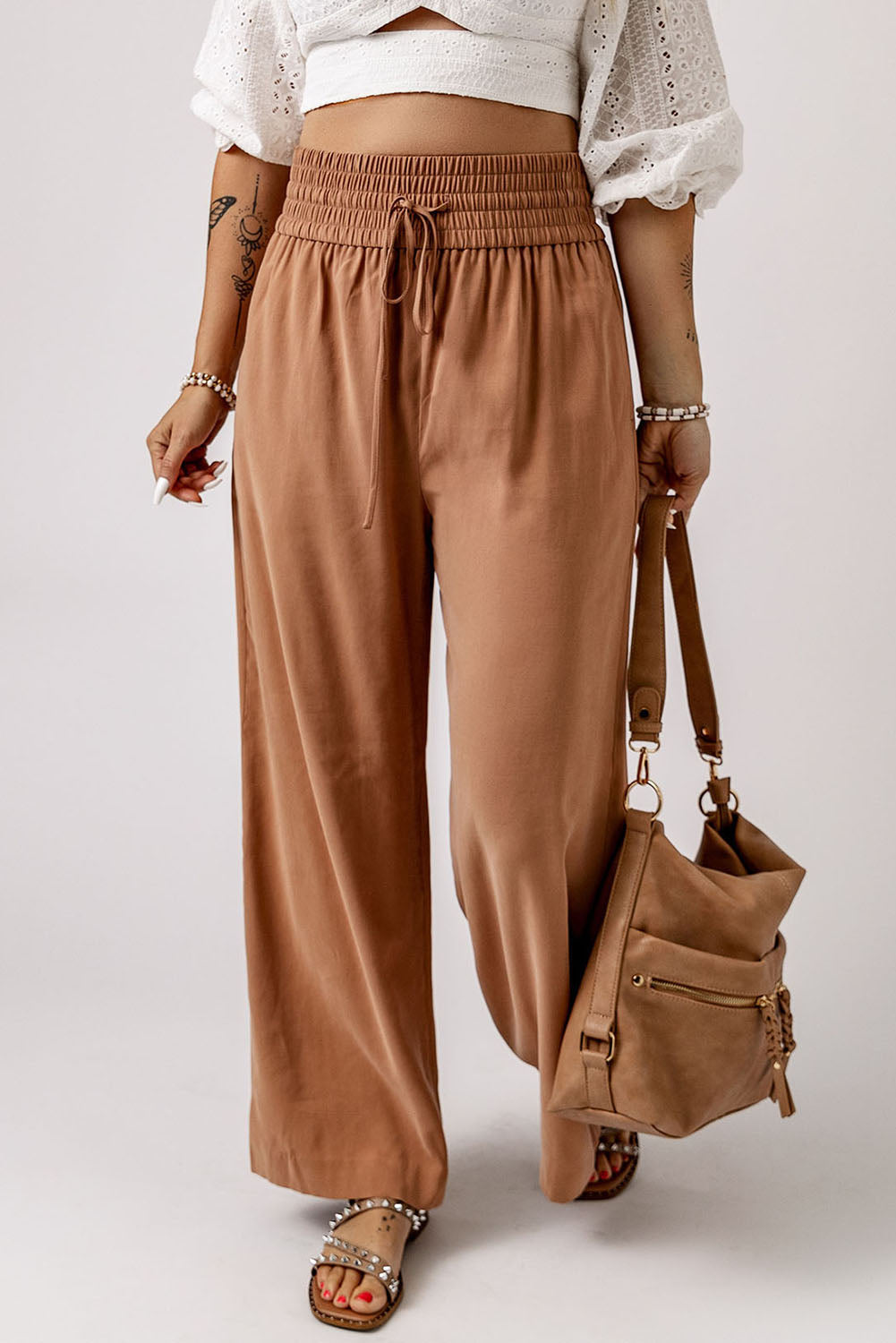 Drawstring Smocked Waist Wide Leg Pants - Brown / S - Bottoms - Pants - 6 - 2024