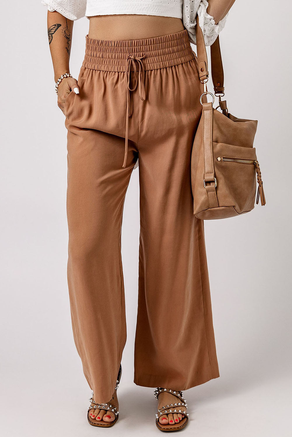 Drawstring Smocked Waist Wide Leg Pants - Bottoms - Pants - 9 - 2024