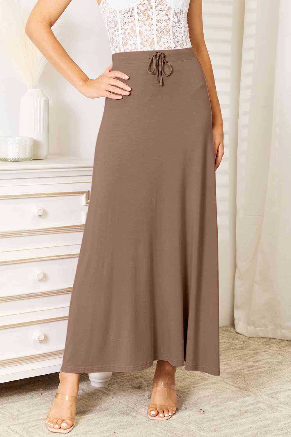 Soft Rayon Drawstring Waist Maxi Skirt Rayon - Taupe / S - Bottoms - Skirts - 1 - 2024