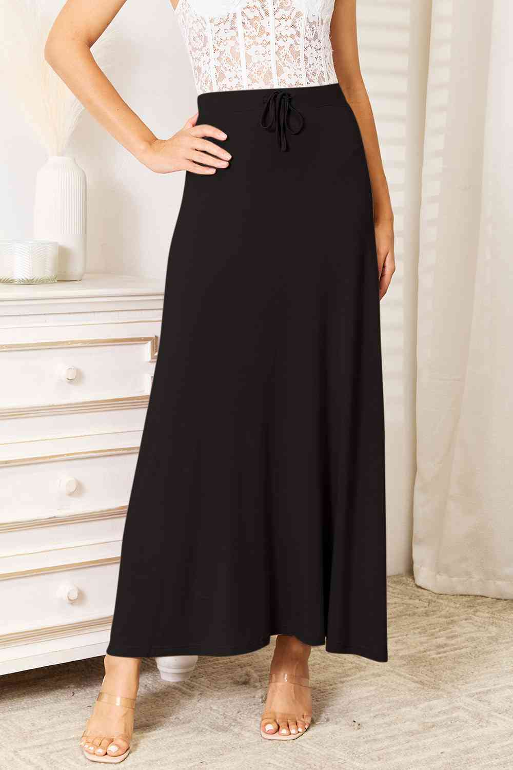 Soft Rayon Drawstring Waist Maxi Skirt Rayon - Black / S - Bottoms - Skirts - 9 - 2024