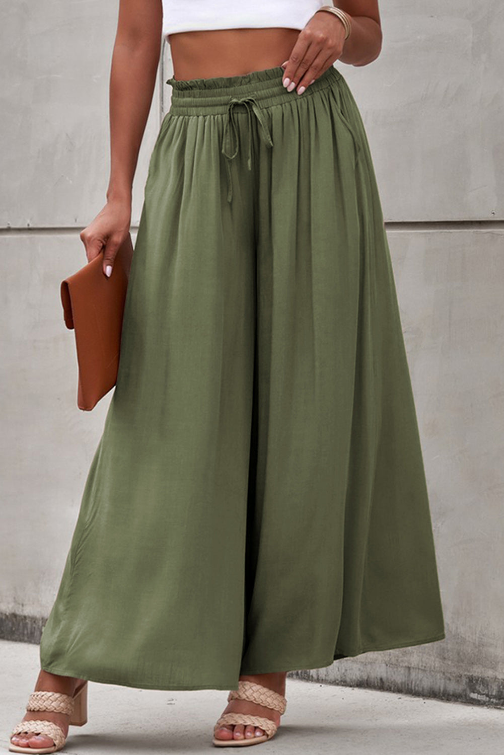 Drawstring Waist Wide Leg Pants - Green / S - Bottoms - Pants - 1 - 2024