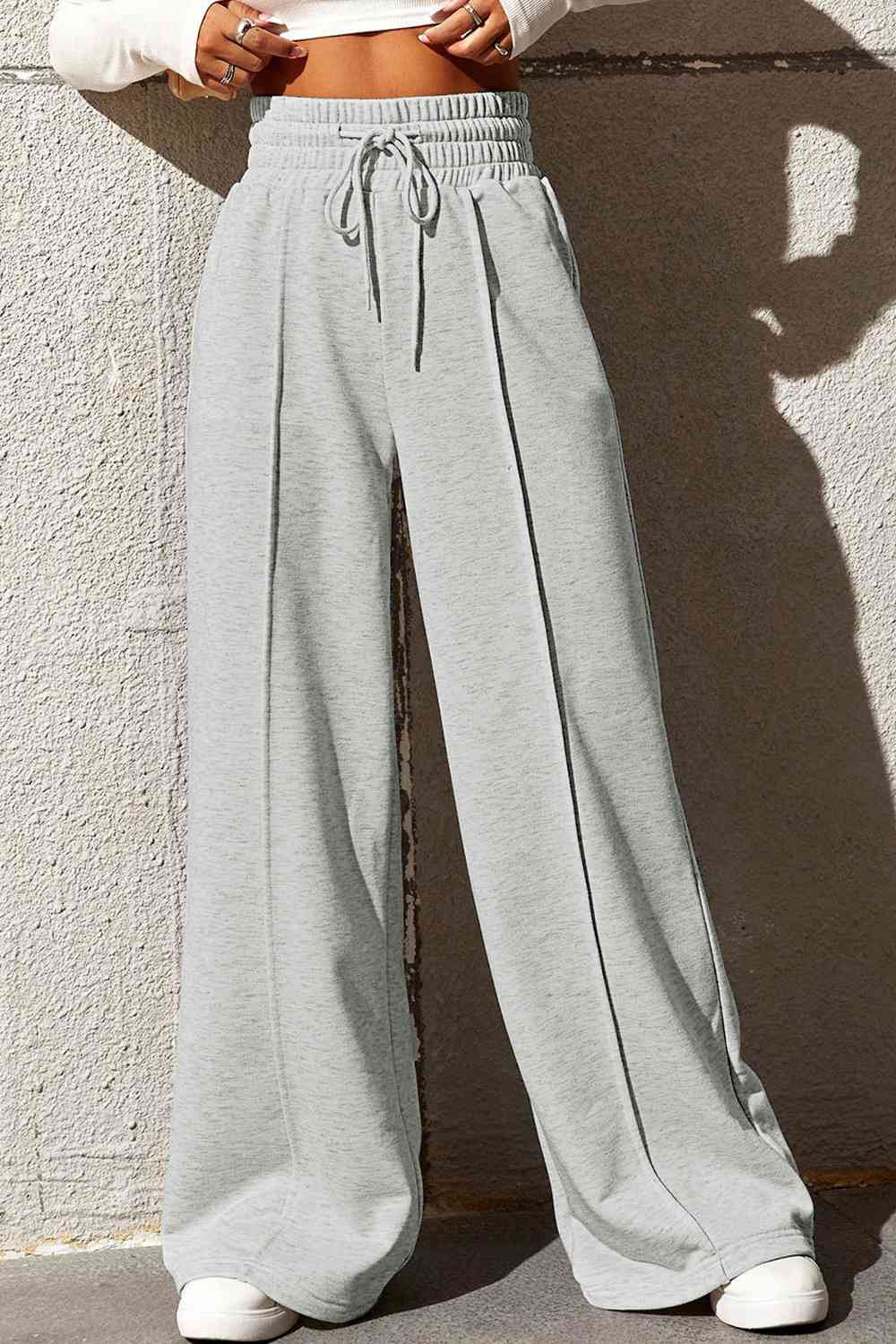 Drawstring Wide Leg Pants with Pockets - Light Gray / S - Bottoms - Pants - 28 - 2024