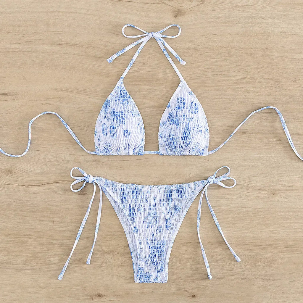 Ruched Floral Halter Bikini Set – Kawaii Beach Swimwear - Sexy Lingerie - Sleeveless - Swimwear - 2