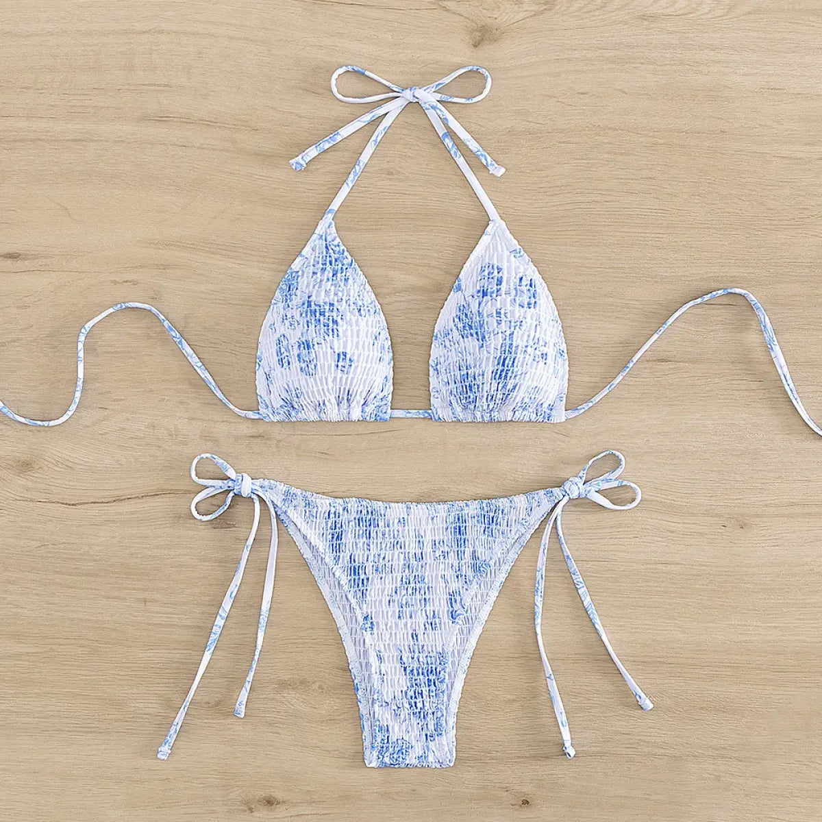 Ruched Floral Halter Bikini Set – Kawaii Beach Swimwear - Sexy Lingerie - Sleeveless - Swimwear - 2