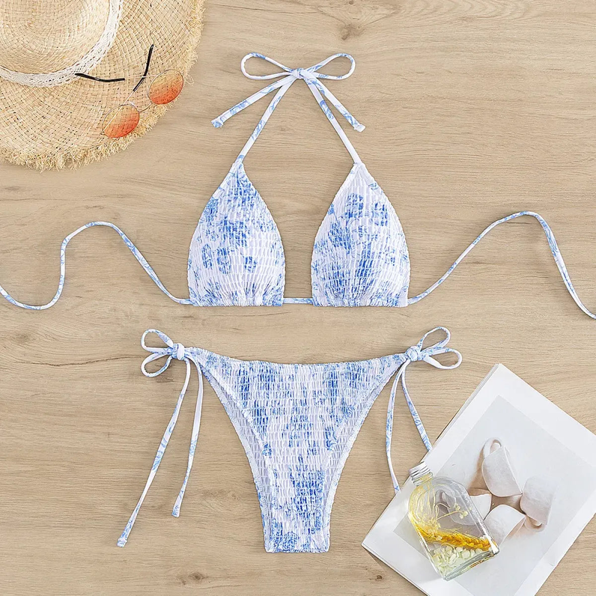 Ruched Floral Halter Bikini Set – Kawaii Beach Swimwear - Best Sellers - Sleeveless - Swimwear - 1