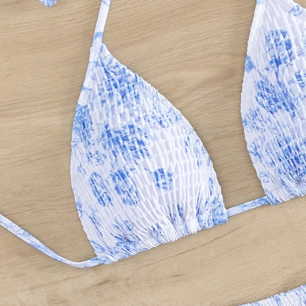 Ruched Floral Halter Bikini Set – Kawaii Beach Swimwear - Sexy Lingerie - Sleeveless - Swimwear - 4