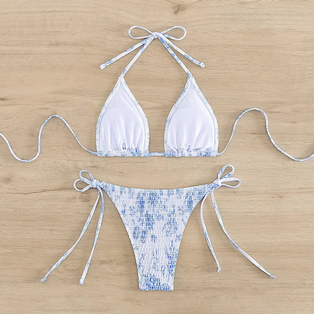 Ruched Floral Halter Bikini Set – Kawaii Beach Swimwear - Sexy Lingerie - Sleeveless - Swimwear - 3