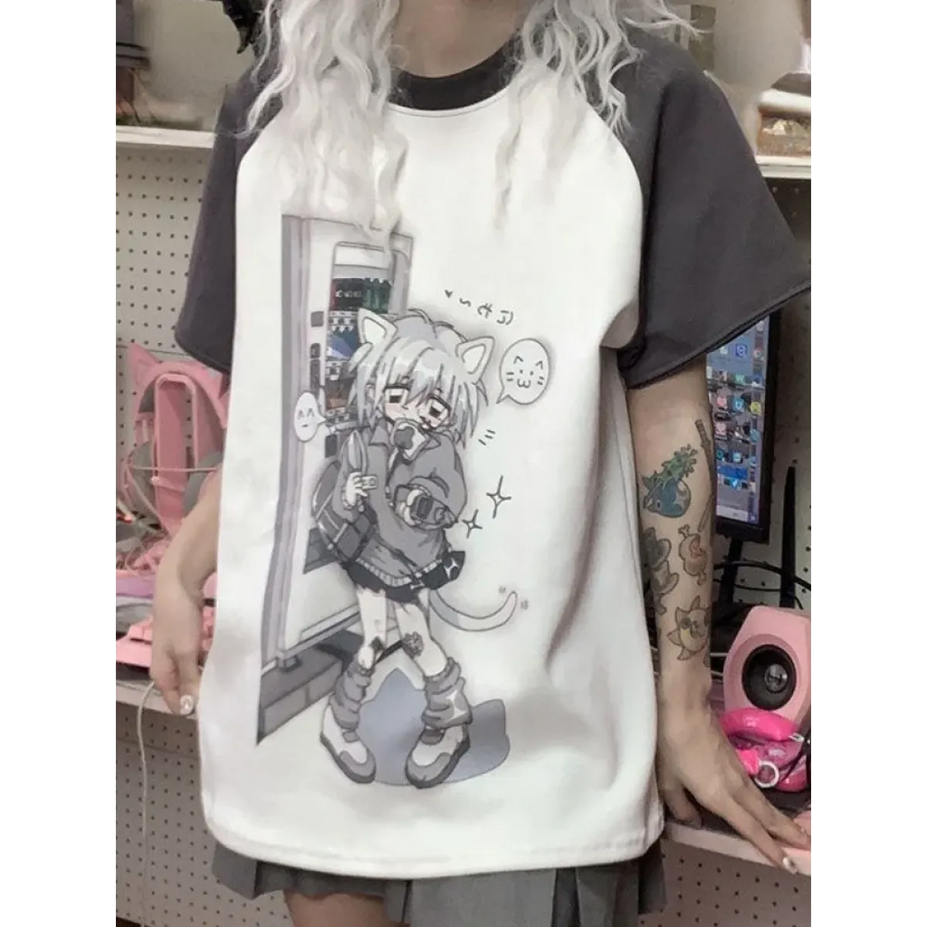 Dreamy Detachable Sleeve Tee – Kawaii Cat & Anime Harajuku Style Top - T-Shirts - Long - Round - 3