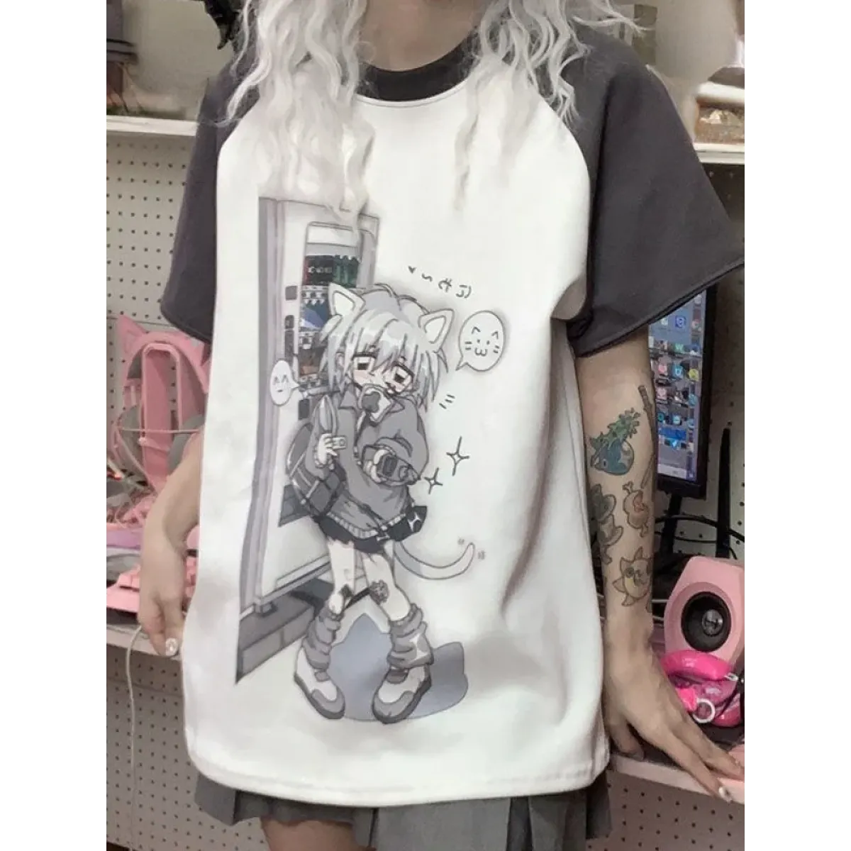 Dreamy Detachable Sleeve Tee – Kawaii Cat & Anime Harajuku Style Top - T-Shirts - Long - Round - 3