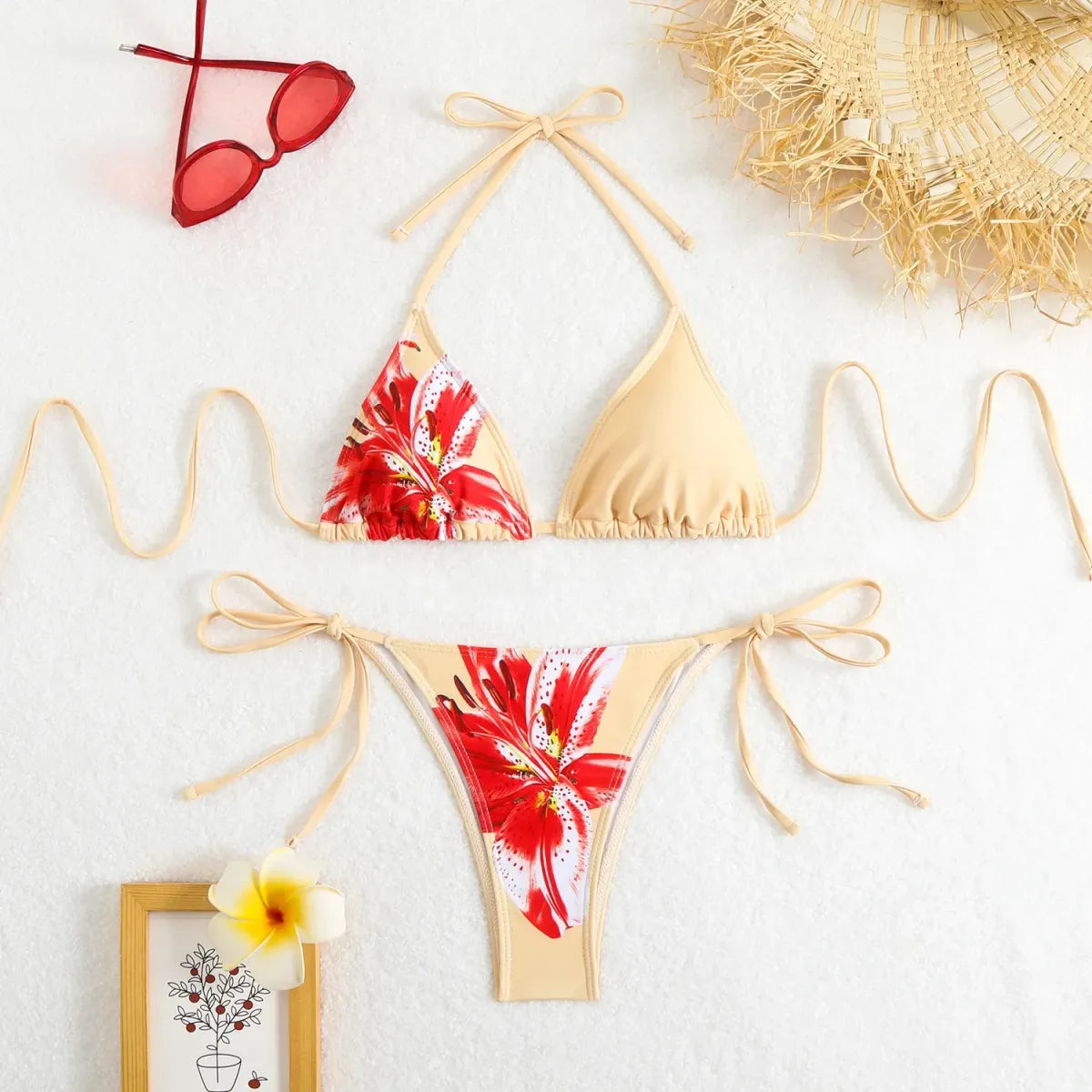 Halter Bikini Set – Vintage Floral Print String Swimwear - Sexy Lingerie - Swimwear - 5