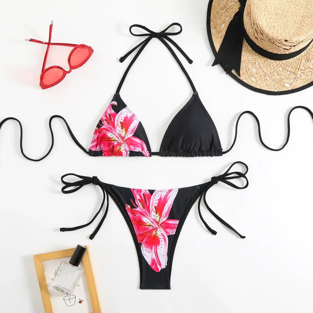 Halter Bikini Set – Vintage Floral Print String Swimwear - Sexy Lingerie - Swimwear - 1