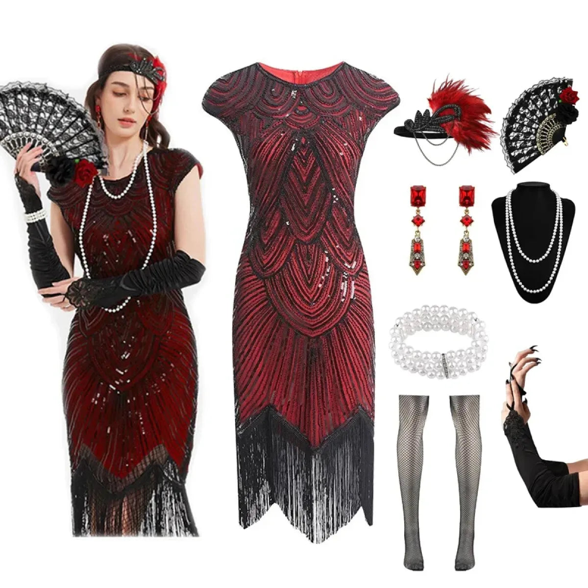 1920s Flapper Sequin Fringe Dress Set - All Dresses - Cosplay - 10